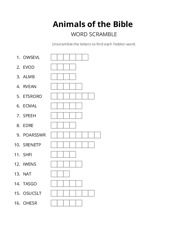 Animals of the Bible word scramble puzzle