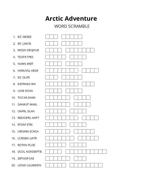 Arctic Adventure Word Scramble Puzzle