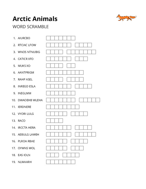 Arctic Animals Word Scramble Puzzle