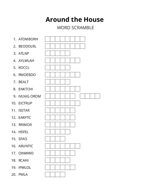 Around the House Word Scramble Puzzle