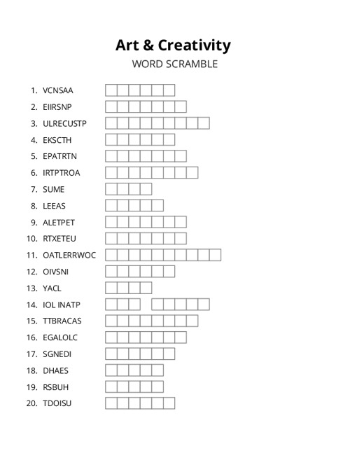 Art & Creativity Word Scramble Puzzle