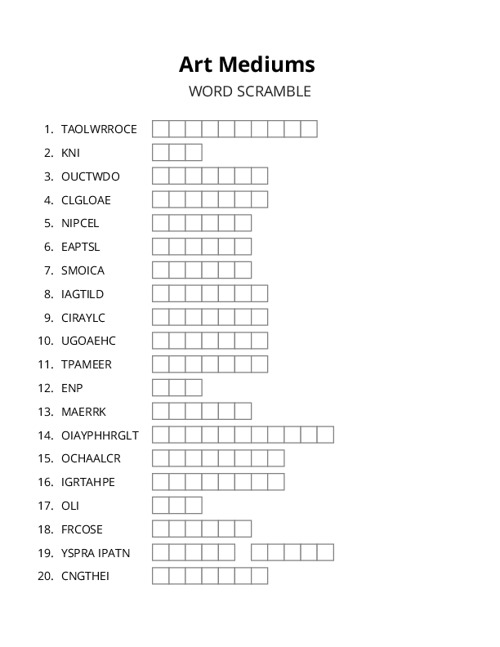 Art Mediums Word Scramble Puzzle