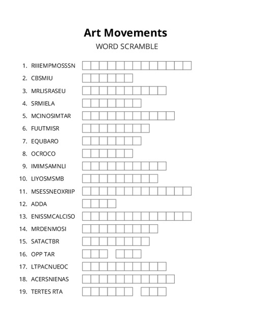 Art Movements Crossword Puzzle