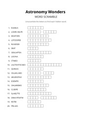 Astronomy Wonders word scramble puzzle
