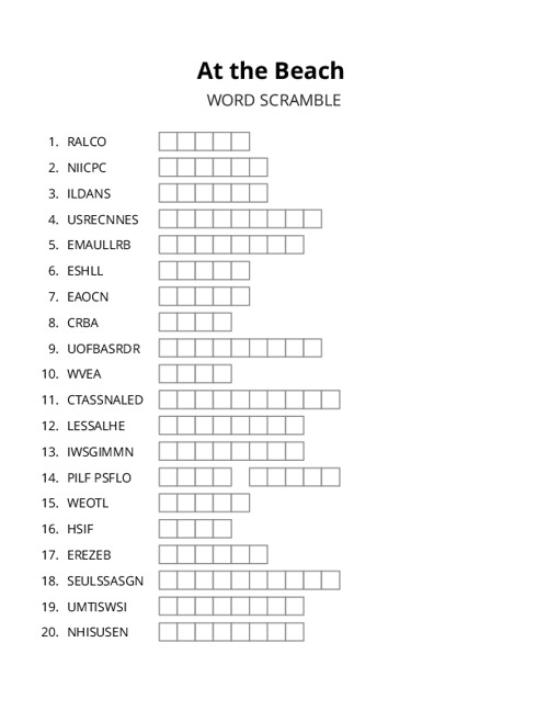 At the Beach Word Scramble Puzzle