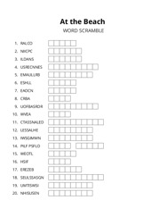 At the Beach word scramble puzzle