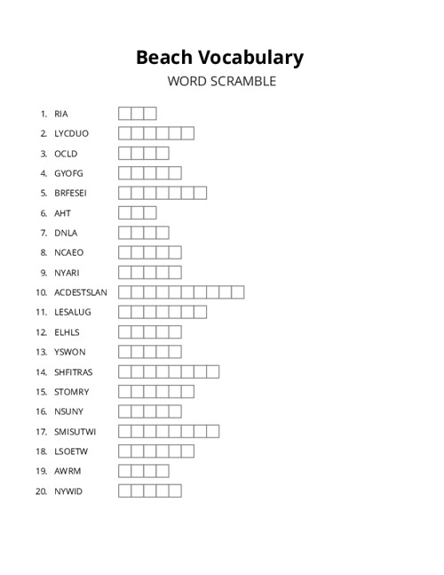 Beach Vocabulary Word Scramble Puzzle