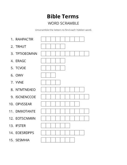 Bible Terms Word Scramble Puzzle