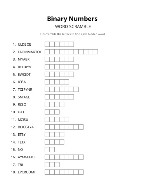 Binary Numbers Word Scramble Puzzle