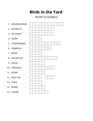Birds in the Yard word scramble puzzle