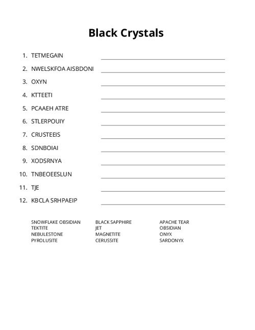 Black Crystals Word Scramble Puzzle