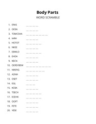 Body Parts word scramble puzzle