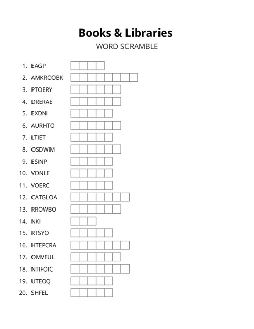 Books & Libraries Word Scramble Puzzle