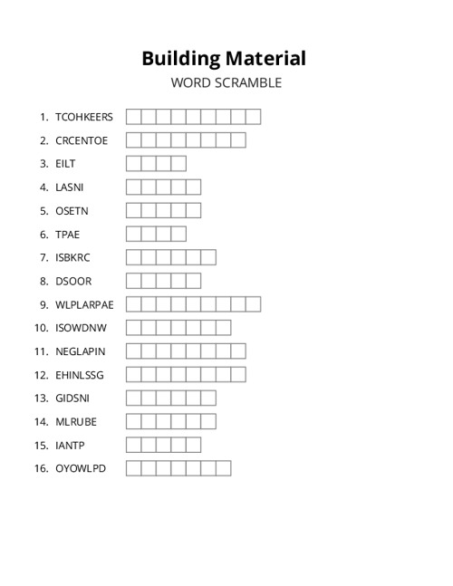 Building Material Word Scramble Puzzle