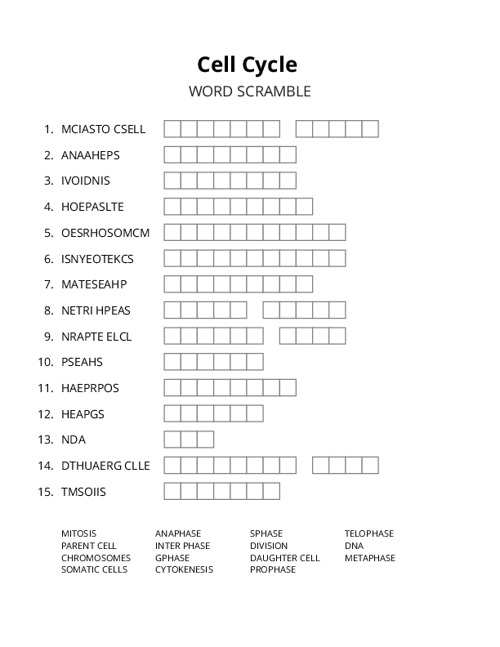 Cell Cycle Word Scramble Puzzle