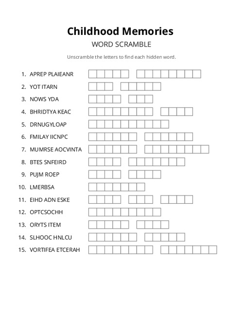 Childhood Memories Word Scramble Puzzle
