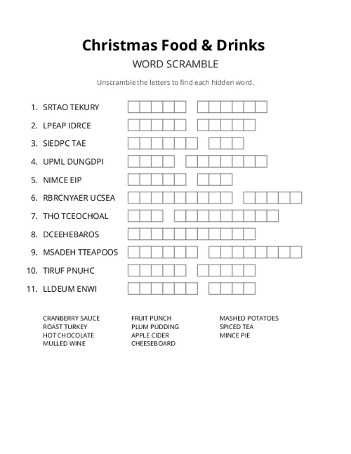 Christmas Food & Drinks Word Scramble Puzzle