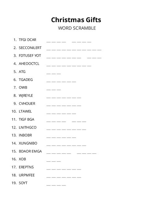 Christmas Gifts Word Scramble Puzzle
