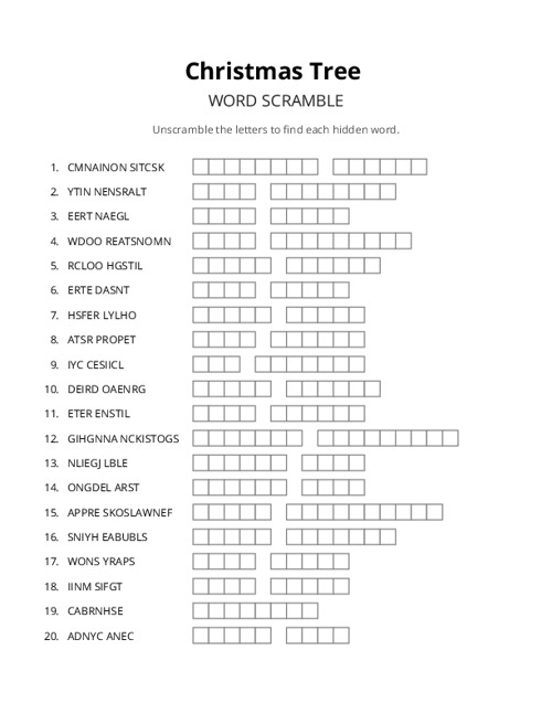 Christmas Tree Word Scramble Puzzle