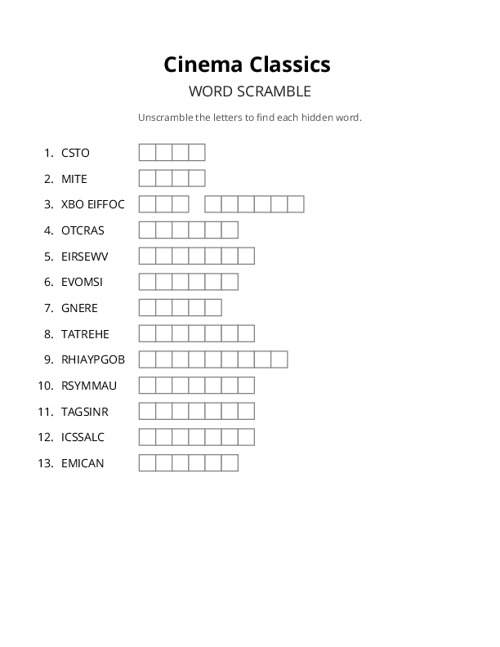 Cinema Classics Word Scramble Puzzle