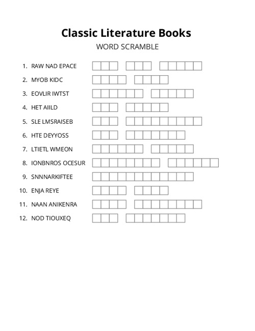 Classic Literature Books Word Scramble Puzzle