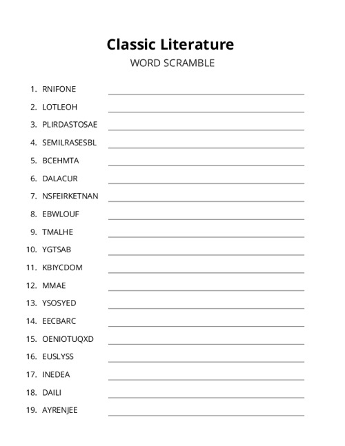 Classic Literature Word Scramble Puzzle