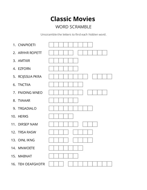 Classic Movies Word Scramble Puzzle