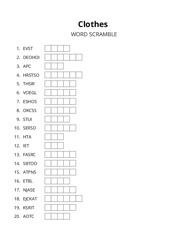Clothes word scramble puzzle