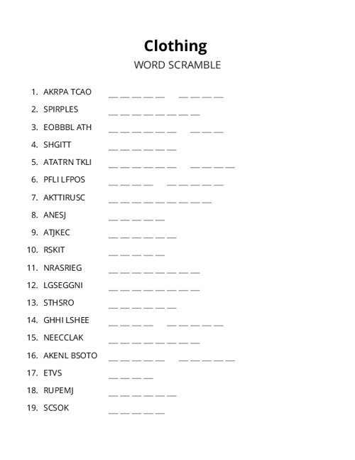 Clothing Word Scramble Puzzle