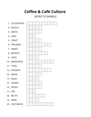 Coffee & Café Culture word scramble puzzle