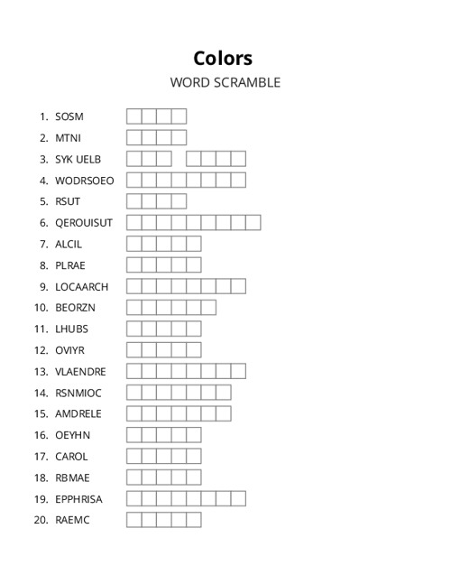 Colors Word Scramble Puzzle