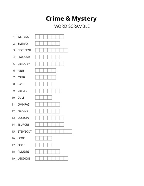 Crime & Mystery Word Scramble Puzzle