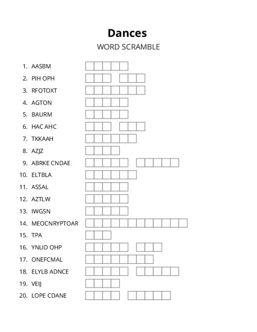 Dances Word Scramble Puzzle