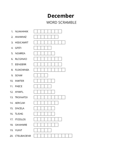 December Word Scramble Puzzle
