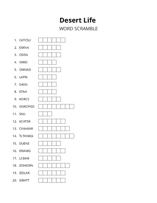 Desert Life Word Scramble Puzzle