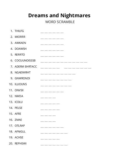 Dreams and Nightmares Word Scramble Puzzle