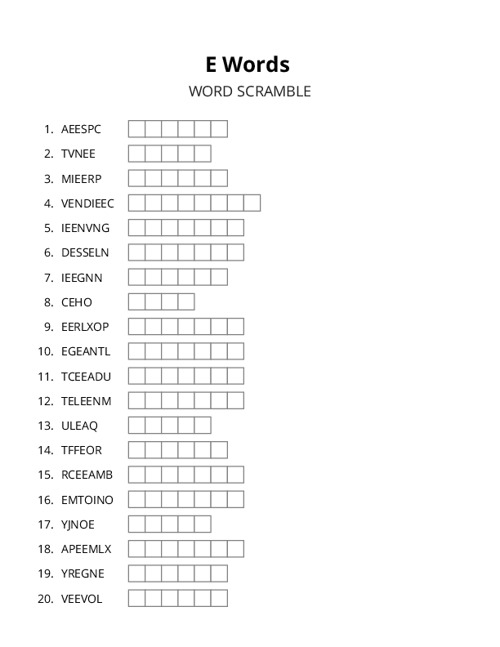 E Words Crossword Puzzle