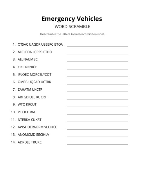 Emergency Vehicles Crossword Puzzle