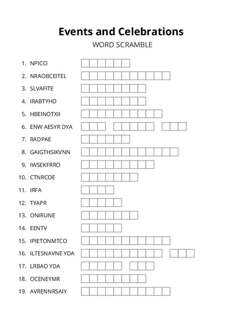 Events and Celebrations Word Scramble Puzzle