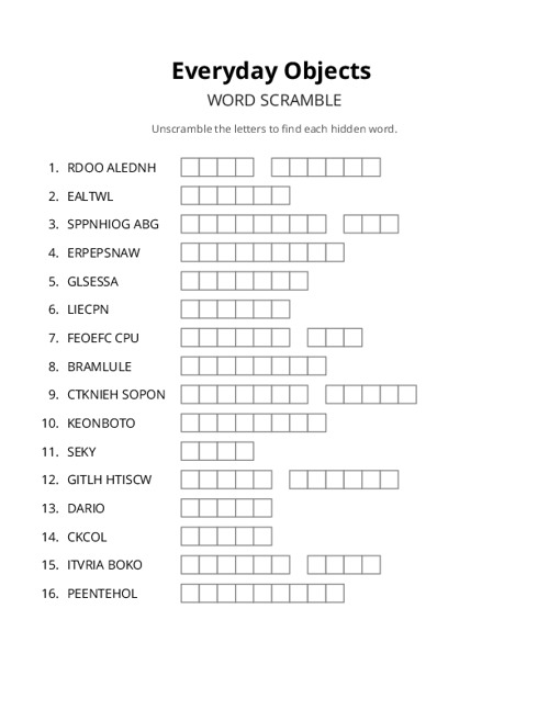 Everyday Objects Word Scramble Puzzle