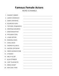 Famous Female Actors word scramble puzzle