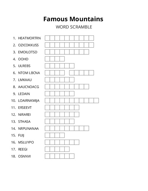 Famous Mountains Word Scramble Puzzle