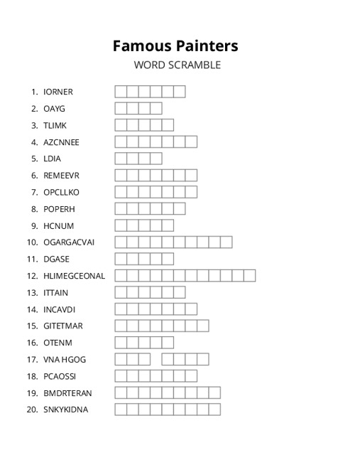 Famous Painters Crossword Puzzle