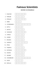 Famous Scientists word scramble puzzle