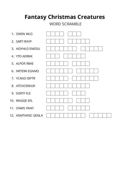 Fantasy Christmas Creatures Word Scramble Puzzle