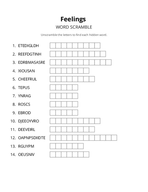 Feelings Word Scramble Puzzle