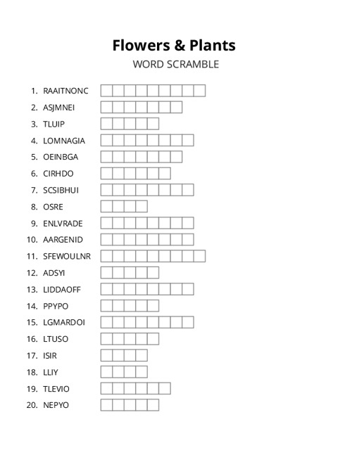 Flowers & Plants Word Scramble Puzzle