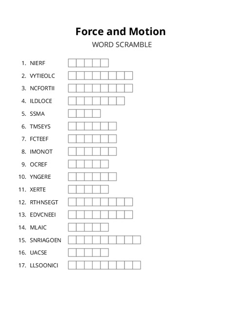 Force and Motion Word Scramble Puzzle