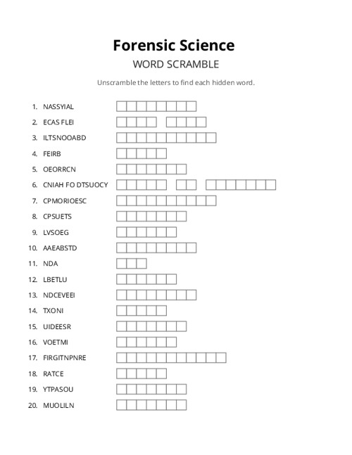 Forensic Science Word Scramble Puzzle