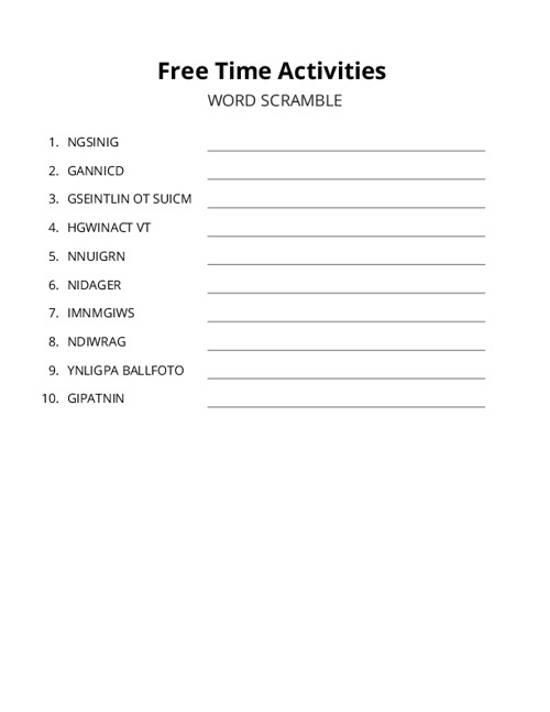 Free Time Activities Word Scramble Puzzle